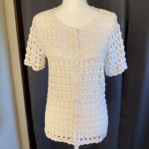 Designers Studio Originals Cream Crochet Short Sleeve Cardigan Button Front Sm
